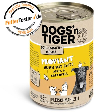 Dogs’n Tiger Adult Hundefutter, Proviant, Hundenassfutter mit Huhn, Ente, Apfel & Kartoffeln - ohne Getreide, Zuckerzusatz, künstliche Konservierungsstoffe, optimale Verträglichkeit, 6X 400g