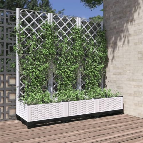Gartenbeet, Blumenkästen，Garten-Hochbeete, Pflanzgefäße,Pflanzkübel mit Rankgitter Weiß 120x40x121,5 cm PP Für Gärten, Außenbereiche, Balkone