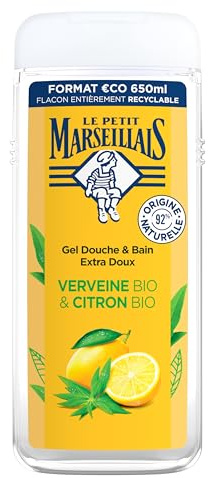 Le Petit Marseillais | Extra mjuk duschgel ekologisk verbena och citron (650 ml) - återfuktar och fräschar, pH-neutralt, inget färgämne och 92% naturligt ursprung - 100% återvinningsbar flaska