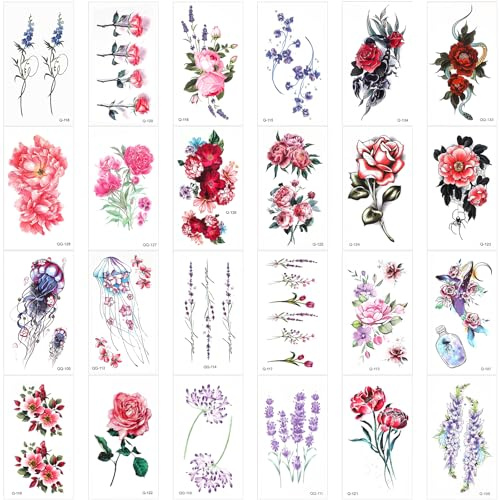 24 Blätter Blumen Temporäre Tattoos Aufkleber, Rose Lavendel Blumentattoos, Wasserfeste Klebetattoos für Erwachsene, Fake Tattoo Aufkleber zum Aufkleben Auf Die Haut Kindertattoos Mädchen