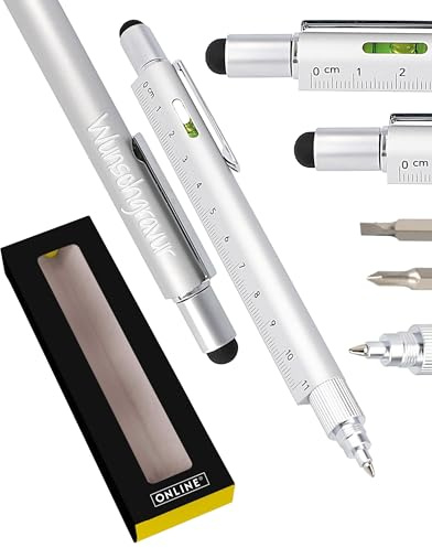 Online Männer Geschenk Stift 6-in-1 mit persönlicher Namens-Gravur Silber I Multitool Stift personalisiert I Multifunktions-Kugelschreiber und Werkzeug I Geschenk für Mama, Papa, Handwerker