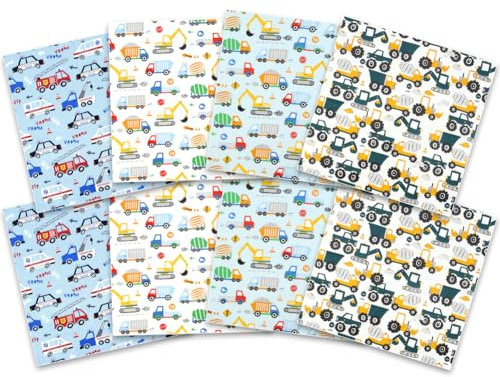 Excavator Fat Quarters Fabric Bundles, 8 PCS Construction Truck Tractor Fabric Bundles, 50x50cm Cotton Polyester Quilting Fabric Material Scraps for Sewing Quilting Patchwork Artcraft DIY