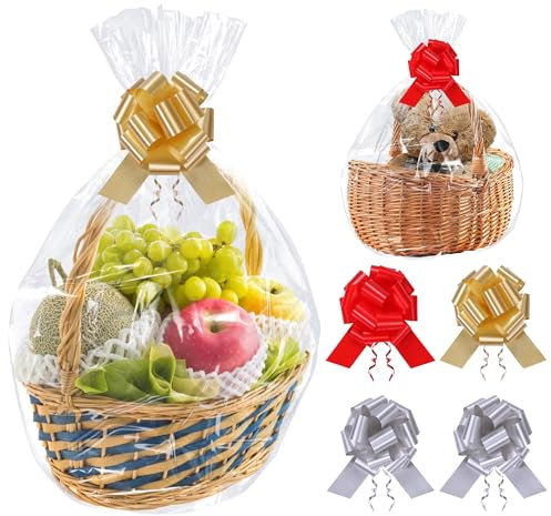 GXFCING Cellophantüten Große Geschenkfolie Transparent 70 x 100 cm, 6 Stück Klare Zellophantüten mit 6 Zugschleifen & Twist für Geschenke Körbe, Blumen, Kunsthandwerk, Leckerli, Kleidung