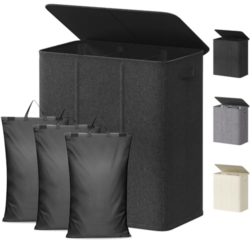Lifewit 160L Wäschekorb mit 3 Fächern und Deckel, Dunkelgrau | Wäschesortierer mit 3 herausnehmbaren Wäschesäcken, große Wäschebox für Schlafzimmer, Badezimmer und Waschküche