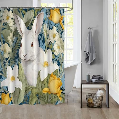 Duschvorhang Rabbit 120x180cm Beschwerter Saum Wasserdicht Duschvorhänge Waschbar Stoff Shower Curtains Mit Ösen Duschvorhangringe Faltbarer Bad Curtain Badewanne Badezimmer Vorhang Gardinen 1134