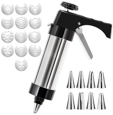 Cookie Press Gun Kit Stainless Steel - Cake Decorating Set with 13 Discs & 8 Nozzles, Biscuit Maker Pump Machine for Anniversary Party
