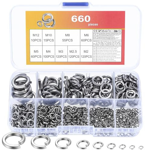 660 Pz Rondella a Molla, Rondelle di Sicurezza in Acciaio Inox, Rondella a Spirale, Rondelle Elastiche di Sicurezza, Rondelle Piatta Metalliche DIN 127 Forma B M2 M2.5 M3 M4 M5 M6 M8 M10 M12