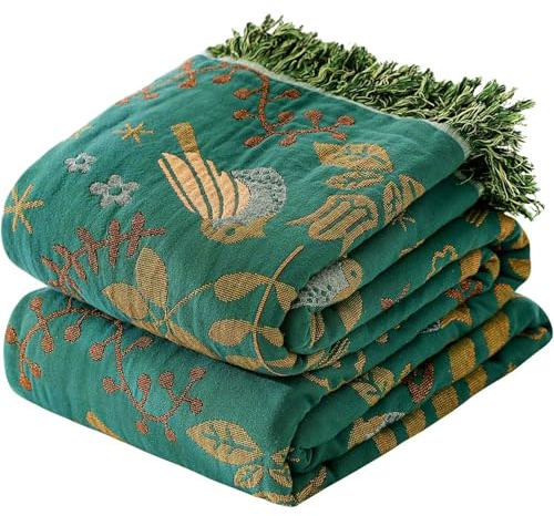 WOFNA Boho Throw Blanket 90x90, Soft Cozy 100% Cotton Blanket for Bed, Fall Blankets with Floral Bird Farmhouse Decor Breathable Lightweight Queen Size All Season