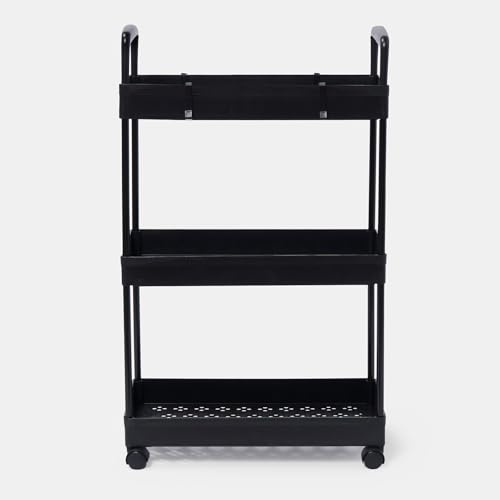 OHS Black Storage Trolley on Wheels 3 Tier Plastic Rolling Storage Cart Organiser Kitchen Trolley for Book Beauty Utility Cart for Living Room Bathroom Office