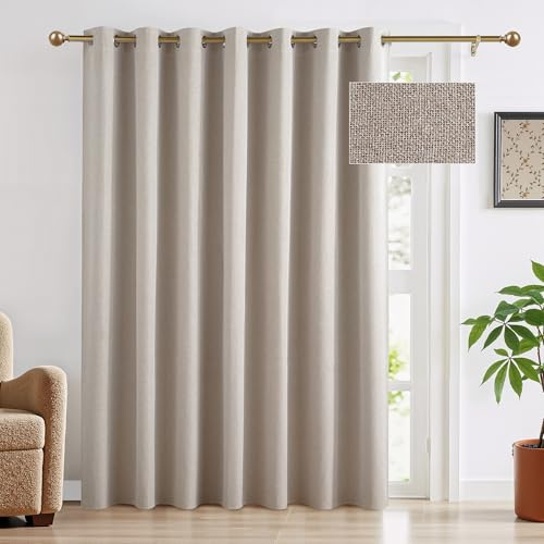RYB HOME 100% Blackout Linen Curtain for Sliding Glass Doors, Extra Wide Thermal Insulated Privacy Curtains for Bedroom/Patio Door/Living Room/Open Closet, Room Divider, Linen, W100xL84, 1 Panel