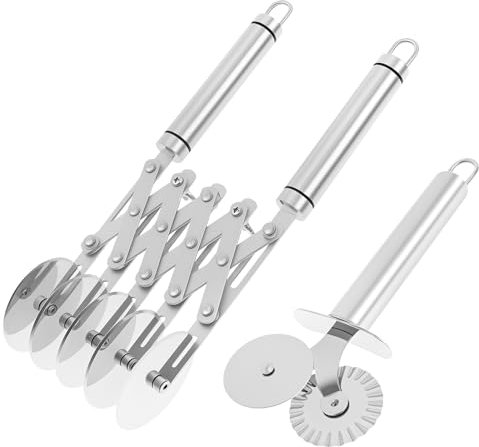 Cortador de pizza de 5 ruedas de acero inoxidable, retráctil, cortador de masa, 5 ruedas, asas dobles antideslizantes, con cuchillo manual de doble rueda, para un corte preciso y uniforme de pizza