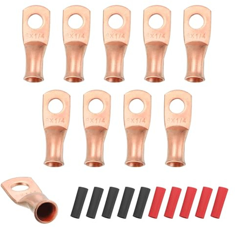 sourcing map 10pcs 8 AWG M6 Battery Lugs Ring Terminals, 1/4 6mm Gold | Stud Crimp Wire,Terminal Connector End Copper, 3:1 Heat Shrink Tubing
