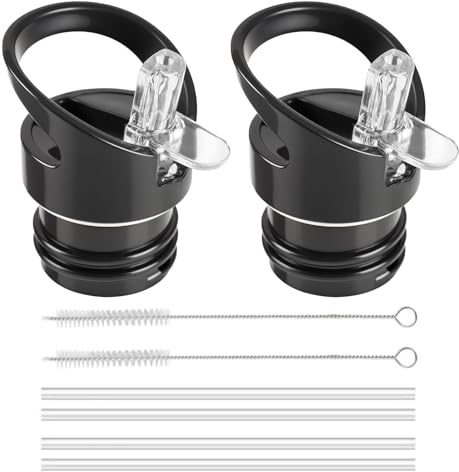 SinChic Water Bottle Lid Replacement,2 PCS Sports Caps Water Bottle Accessories Top Straw Lid Standard Size Vacuum Bottle Flip Top Cap with 4 Straws and 2 Straw Brushes ø43mm Bottleneck