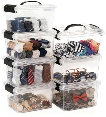 Greentainer 7er Set 6,5L Spielzeug Organizer Aufbewahrungsbox mit Deckel & Griff,Stapelbar Kunststoffbox mit Clips aus Plastik für Kleidung,Küche,Bücher,Büro,BPA Frei|Verschiedene Größen|Transparent