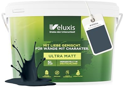 Veluxis Wandfarbe Blau Grau Anthrazit matt 5 L – Blooming Blueberry | Innenfarbe mit Deckkraft Klasse 1, VOC-frei, ohne Grundierung, tropfarm, für Wohnzimmer und Schlafzimmer