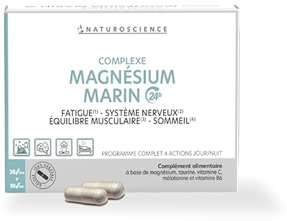 Naturoscience - Complexe Magnésium Marin Jour et Nuit + Taurine, Mélatonine, Vitamine C et B6 - Complément Alimentaire Fatigue, Sommeil, Système Nerveux - 30 Gélules Jour + 30 Nuit