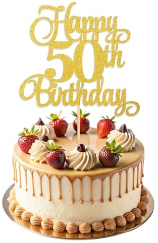 ZEYIYER 50th Cake Toppers, Gold 50th Birthday Cake Decorations