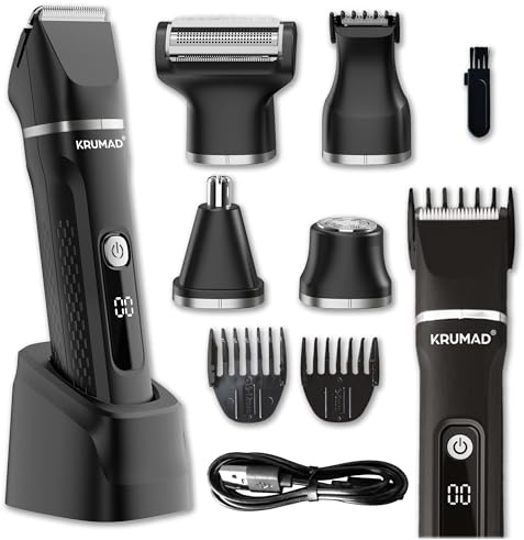 KRUMAD Cortapelos 6 en 1 IPX7 – Cortapelos para hombre, afeitadora eléctrica y recortadora de vello nasal con pantalla LED – Carga rápida 1,5h / 120 min tiempo de funcionamiento, 3/6/9/12 mm