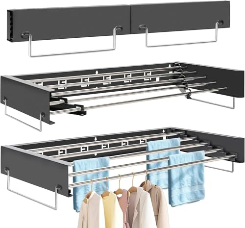 FREEAMG Wäscheständer Wandmontage, 80CM Klappbarer Wandtrockner mit Fünf Edelstahl-Kleiderstangen, Wäscheständer Wand mit 4M Trockenlänge, 25 KG Tragkraft,für Drinnen oder Draußen (Schwarz)
