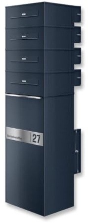 Metzler Paketbox mit 4 Briefkästen entnahme hinten, 4er Paketbriefkasten rückseitig mit austauschbarem Namensschild, Standbriefkasten personalisiert mit Gravur, Paketkasten in RAL7016 Anthrazit, ZIVO2