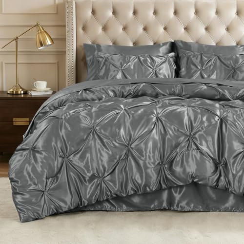 BEDELITE Satin Comforter Set Queen Size, 7 Pieces Luxury Pintuck Bed in A Bag with Comforter, Flat Sheet, Fitted Sheet, Pillowcases, Shams, Soft Similar to Silk Bed Set for All Seasons (Dark Grey)