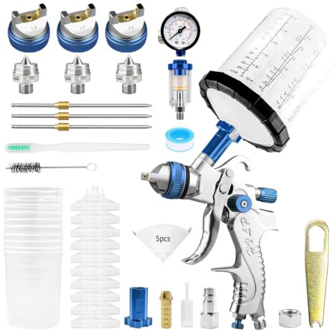 HVLP Fließbecher Lackierpistole Spritzpistole, Premium-Kit mit 1,4/1,7/2,0 mm Düsen & Luftdruckregler und 10 Stück 650ML Mischbecher Farbsprühgerät für den Automobilbereich(Silberblau)