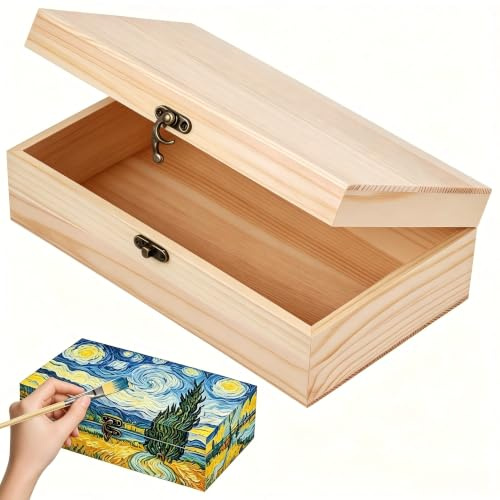 LPVVPEZ Unfinished Pine Wood Box with Hinged Lid & Locking Clasp – 25x15x8cm Small Storage Crate, Blank Natural Wood Craft Box for Painting, DIY Keepsake Organizer, Home Table Decor