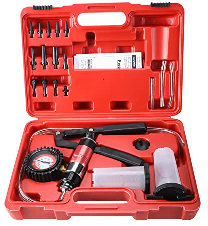 FreeTec 23TLG Vakuum Bremsenentlüfter Satz, 40 PSI 26 HG Vakuumpumpe Bremsen Entlüfter, Bremsentlüftungsgerät Unterdruckpumpe für Auto Motorrad Kfz mit Koffer (Rot)