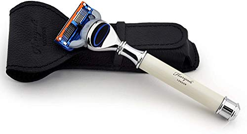 Rasoio Haryali London a 5 bordi in avorio e custodia in vera pelle - Accessorio da barba perfetto per la rasatura a umido