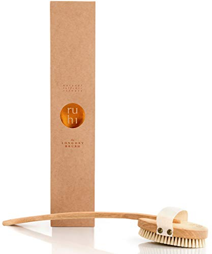 ruhi® Körperbürste, Massagebürste, Trockenbürste lang mit Naturborsten gefertigt in Deutschland, regionales Buchenholz, Rückenbürste (dry brush), Bürste gegen Cellulite für Lymphdrainage
