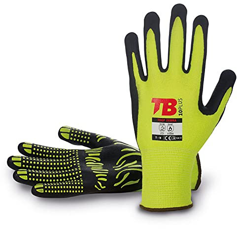 TB Guante de Protección TB 700F Zebra | Guante de Trabajo con Nitrilo Foam Negro en Palma, Algodón Amarillo en Dorso y Puño Elástico. Flexible, Resistente y Transpirable (9)