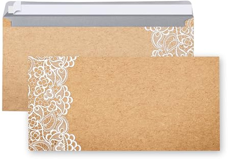 Briefumschläge Kraftpapier-Optik, 100 Stück: Umschläge für Briefe, Kuverts ohne Fenster, Für Einladungen, Danksagungen, Geldgeschenke Hochzeit, Weihnachtsumschläge, DIN lang, Braun & Weiß, 22 x 11 cm