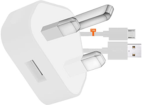 IWIO 3 Pin UK USB Mains Charger Adapter 1000 mAh / 1 AMPwith USB 2.0 Micro USB Sync and Charge Cable 1 Meter compatible with LG K10 M250N 2017 - WHITE