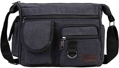 BOMKEE Schultertasche Umhängetasche Herren Canvas Messenger Bag Herrentasche Wasserdicht Tasche für Reisen, Wochenender, Schule (Schwarz)