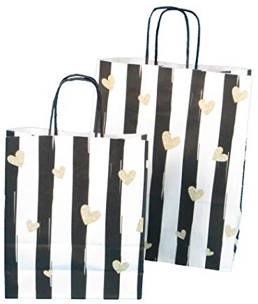Pro DP Noblesse: 250 Papiertragetaschen mit Kordelgriff, 90g/m², Schwarz-Weiß mit Herzen, 22+10x28cm, Inkl. Lizenz gemäß VerpG in D