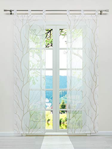 ESLIR Schiebegardinen Set 2er Flächenvorhänge Gardinen mit Schlaufen Schiebevorhang Transparent Schlaufenschal mit Zweige Muster Voile Weiß-Sand BxH 57x225cm 2 Stück