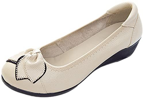 Jamron Mujer Piel Genuina Zapatos Cómodos Suela Blanda Flor Bailarinas Talón de Cuña Baja Pumps Pantuflas Beige SN070358 EU37