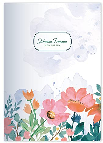 Kartenkaufrausch 8x personalisierte Künstlerische Blumen DIN A4 Schulheft, Rechenhefte mit Aquarell Blumen-Beet in Rosa Lineatur 20 (blanko)