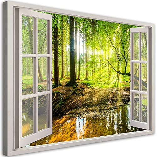 Feeby Leinwand Bilder - Fensterblick Natur- 90x60 cm- Deko Wohnzimmer - Wandbilder Schlafzimmer - Deko Aesthetic - Wand Deko - Leinwand Groß - Deko Zimmer - Leinwandbilder XXL