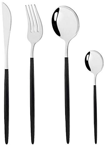 Geschirr Set 24 stücke Blaugold Gabel Löffel Messer Besteck Edelstahl Western Silberwaren Für küche Geschirr Set essgeschirr (Color : Black Silver)