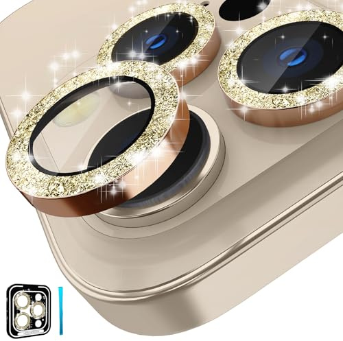 CloudValley Camera Lens Protector for iPhone 14 Pro (6.1 inch) and iPhone 14 Pro Max (6.7 inch), 9H Tempered Glass Metal Ring Camera Cover Film [Case Friendly Anti-Scratch HD Clear], Glitter Gold