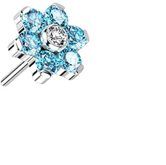 Paula & Fritz® Push-In Aufsatz Silber Blume Zirkonia Türkis Klar Titan-IUM Grade 23 Piercing 5-mm Groß Ohr-Stecker Labret Stud Nipple Straight Barbell