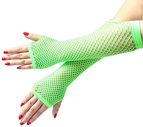 SamHeng Long Fishnet Gloves, Green Fingerless Arm Warmers Mesh Fancy Dress Gloves, Fancy Dress Punk Accessory for Women Girls Kids 80s Costume Evening Party Supplies Tutu Rave Hen Night