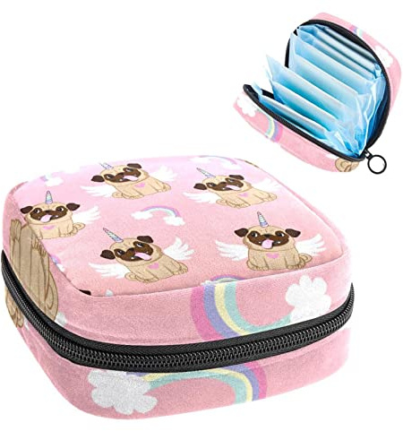 Pinke niedliche Tasche mit Mops-Einhorn-Motiv, tragbar, Tampon-Aufbewahrungstasche für Damenbinden, Mehrfarbig, 4.7x6.6x6.6 in/12x17x17 cm