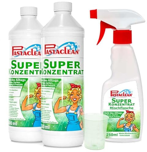 Pastaclean® Super Konzentrat, Allzweckreiniger, Starker Fettlöser, Schmutzlöser, Küchenentfetter, Nikotinlöser, 2x 500 ml + 1x Mischflasche