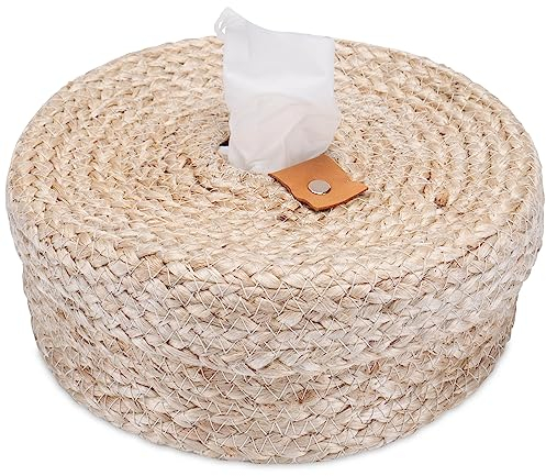 Decorasian Taschentuchspender für Kosmetiktücher Box, geflochten aus Jute - Taschentuchbox mit Deckel – Kosmetiktuchspender im Boho Stil - rund
