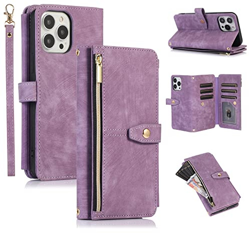UEEBAI Case for iPhone 15 Pro Max 6.7 inch, 9 Card Slots Retro Leather Wallet Shockproof Flip Cover with Hand Strap Card Slots Zipper Pocket Kickstand Handbag Magnetic Closure - Retro Purple | 9 Card Slots Leather Case with Shoulder Strap Wrist Strap Stand Zipper Mobile Phone Case Magnetic Closure Wallet Flip Case