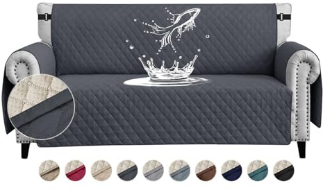 FIGOOO wasserdichte Sofabezug 4 Sitzer Dicke Sofaschoner Wasserdicht Gesteppte Sofa Überzug mit Seitentaschen Sofaüberwurf rutschfest Kratzfest für Haustiere Hunde Katzen,Dunkelgrau