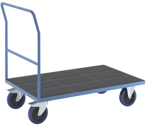 eurokraft pro | Plattformwagen mit Rohrschiebebügel | Vollelastik-Rollen, lichtblau, Ladeflächen-LxB 1250 x 800 mm