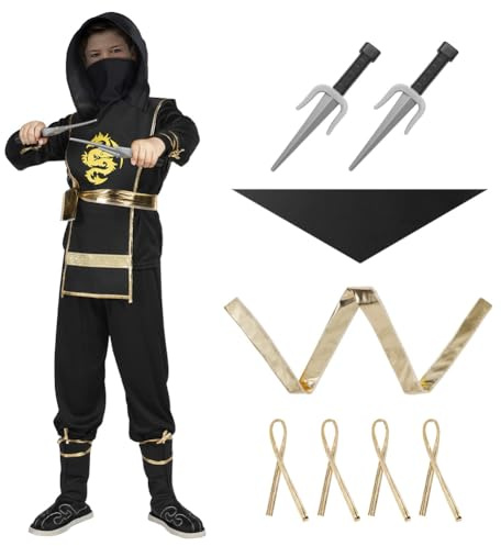 AOOWU Svarta Ninja-kostym för barn - Deluxe-kostym Set med Ninja-skumtillbehör Leksaker Halloween-kostym för Flickor och Pojke